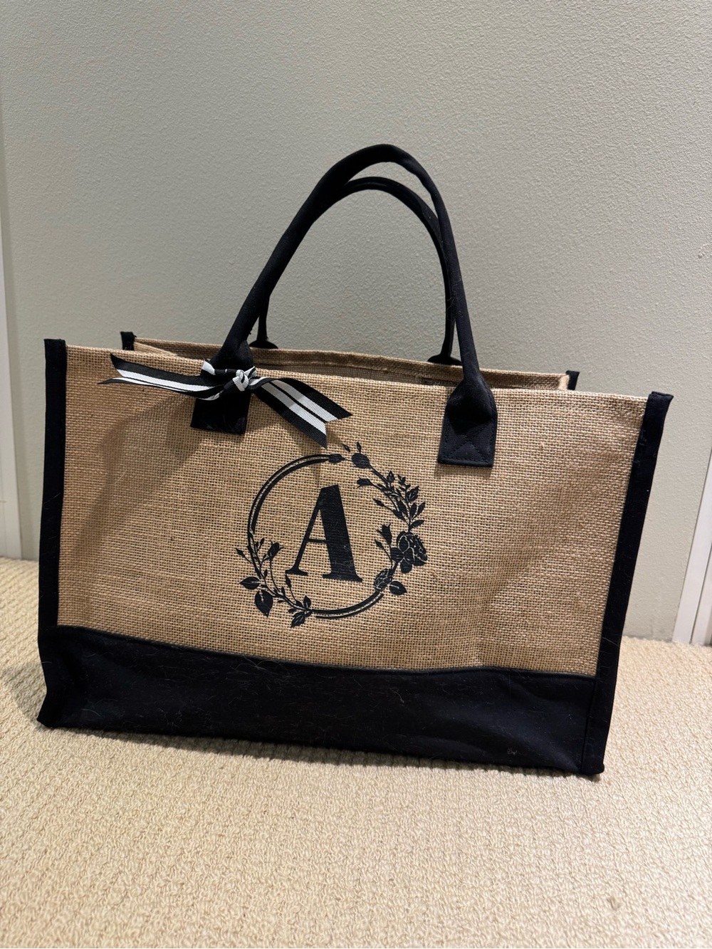 Monogram 'A' Natural & Black Jute Tote Bag